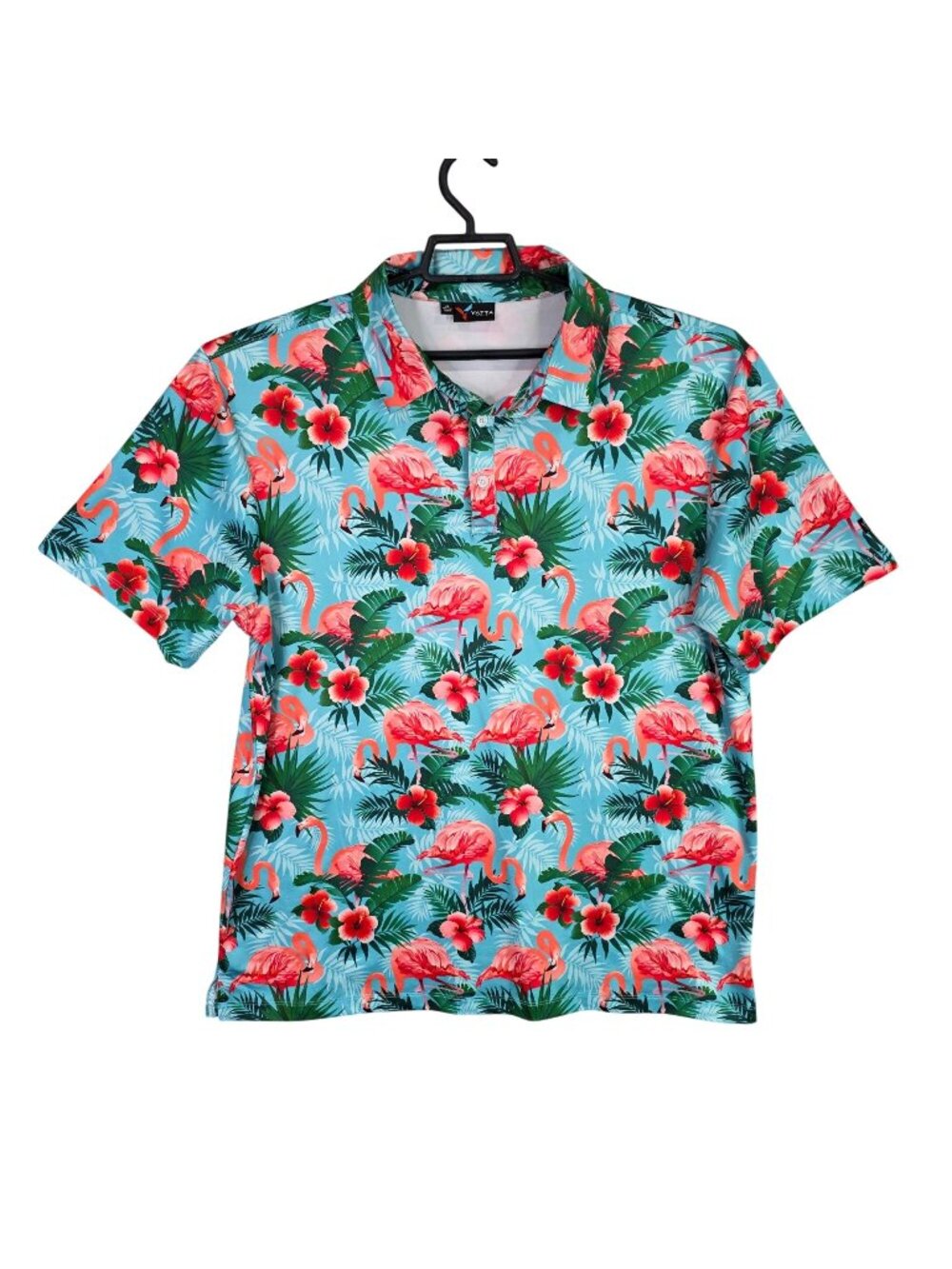 Mens Yatta Golf Blue & Pink Flamingo Print Polo Shirt Polyester Stretch Size XL